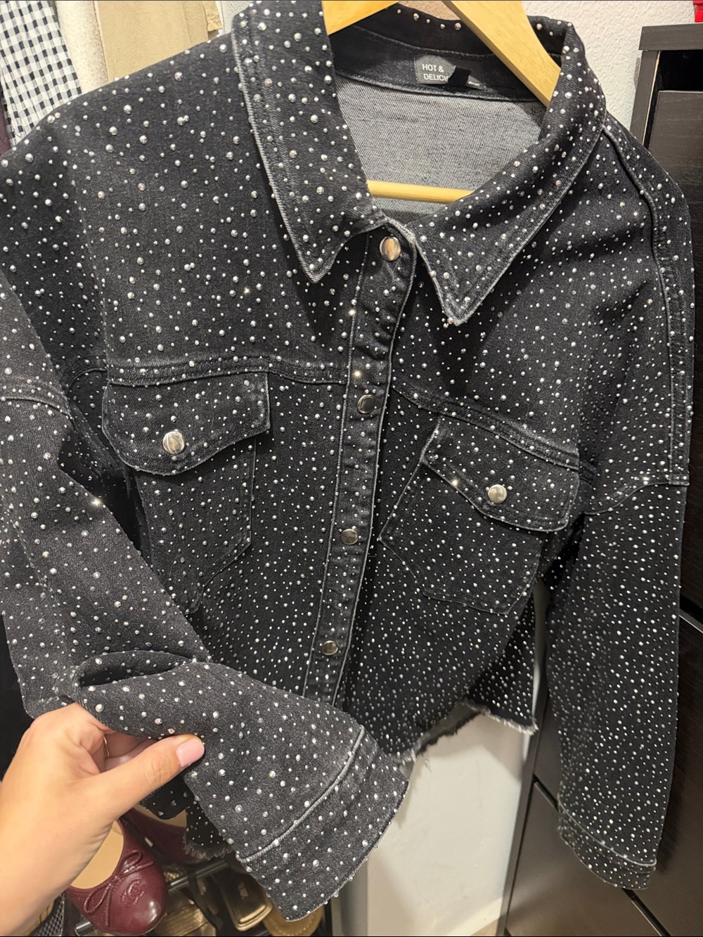 Hot & Delicious Black Denim Jacket with White Star Dot Print